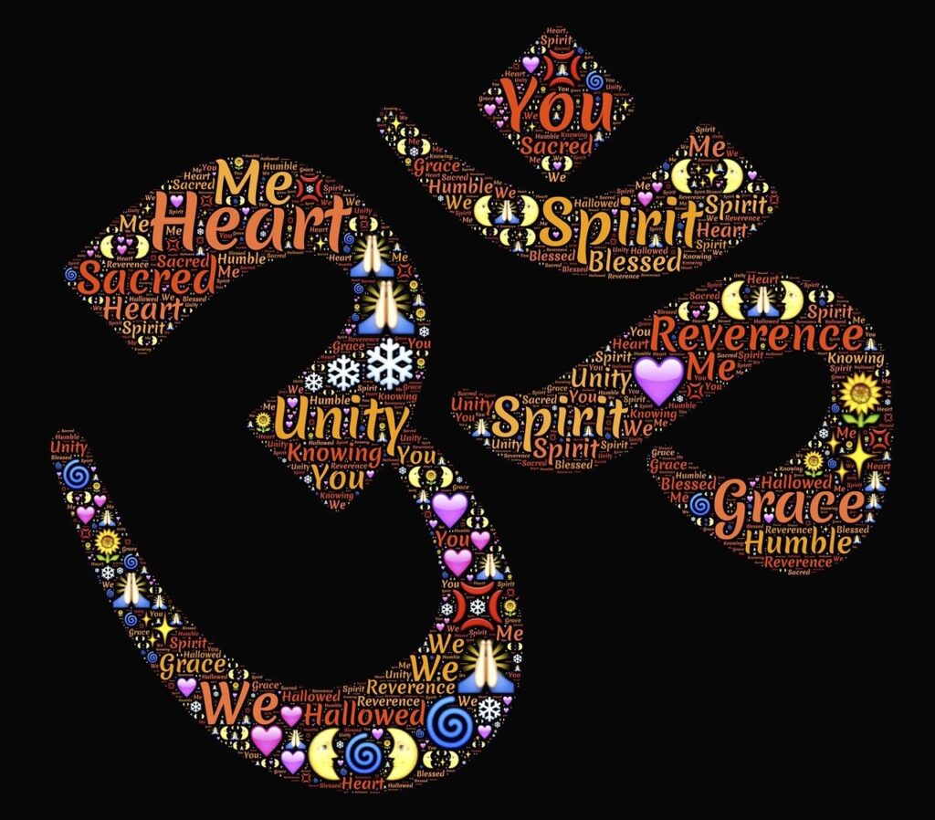 "An intricate heart shape composed of various words and symbols, representing love, spirituality, and unity, surrounded by a circle of words conveying faith, hope, joy, peace, and trust."