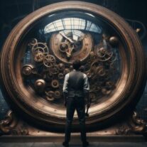 A man in a suit stands before a grand brass time machine, its large face adorned with Roman numerals and visible gears and mechanisms.